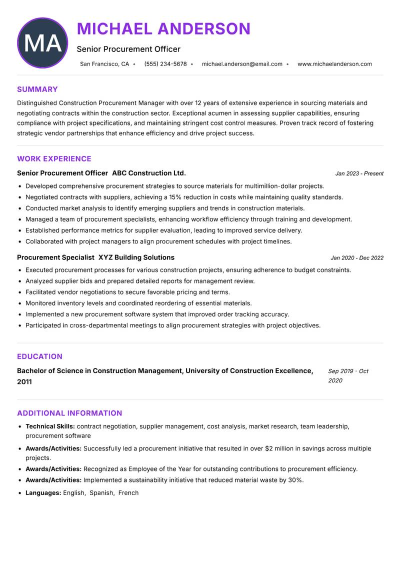 Construction Procurement Manager Resume Preview Example