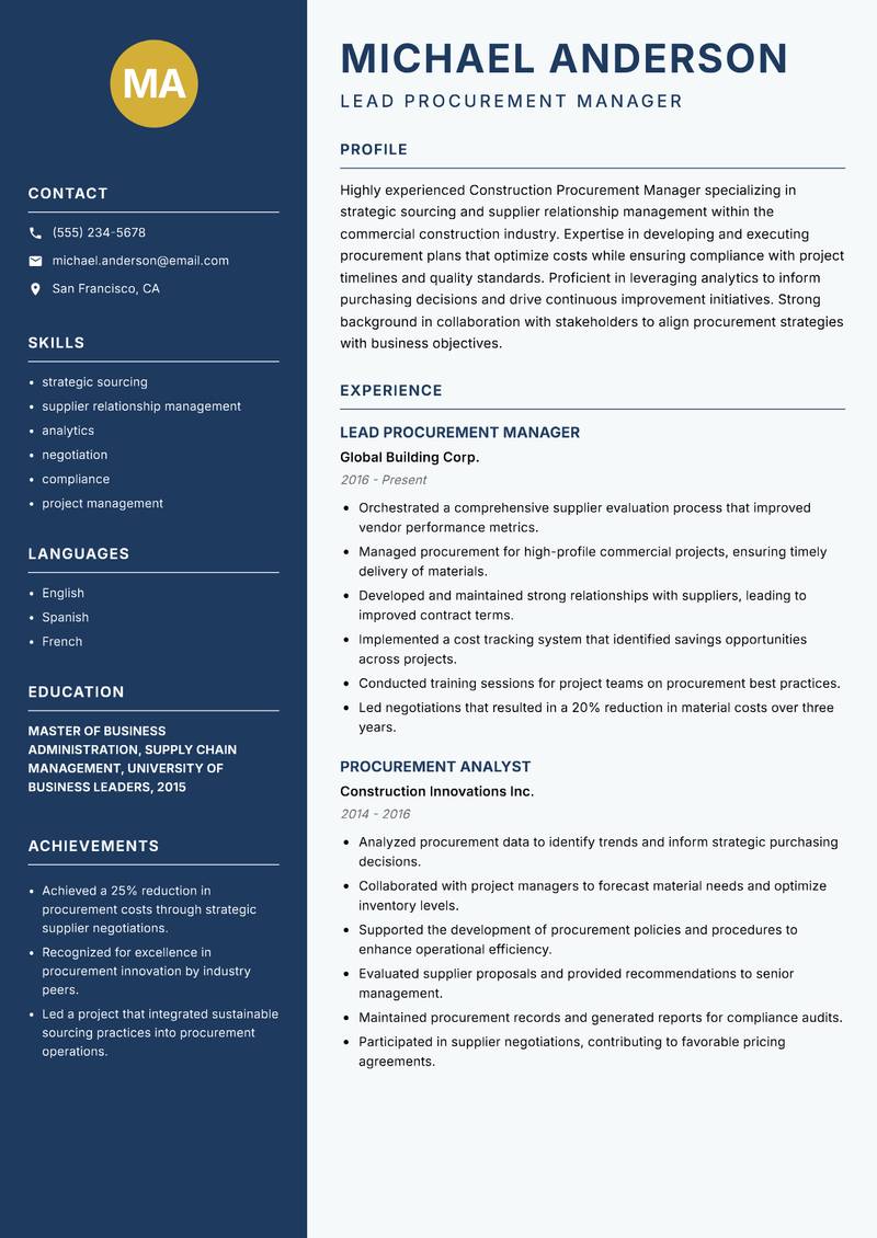 Construction Procurement Manager Resume Preview Example