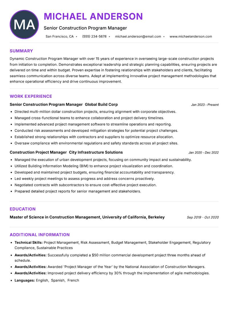 Construction Program Manager Resume Preview Example