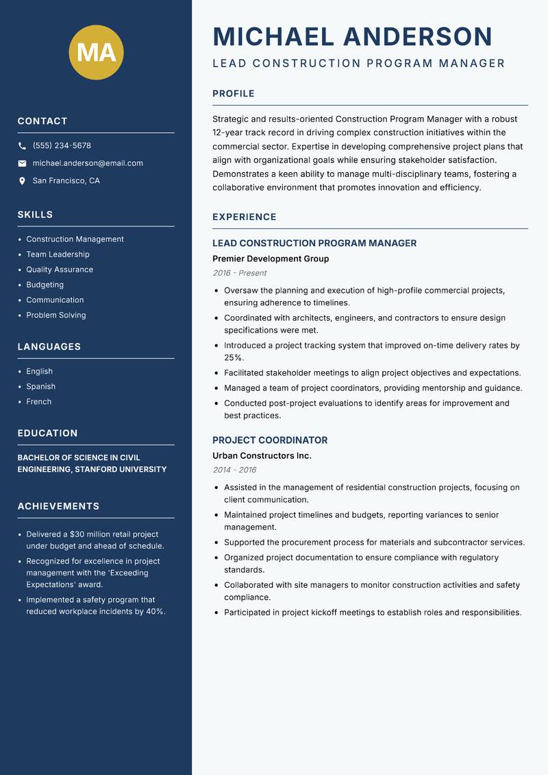 Construction Program Manager Resume Preview Example