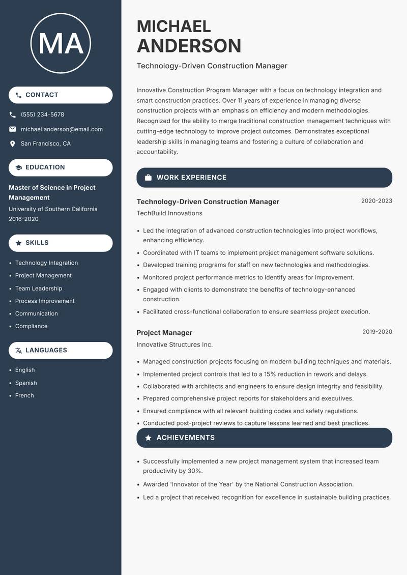 Construction Program Manager Resume Preview Example