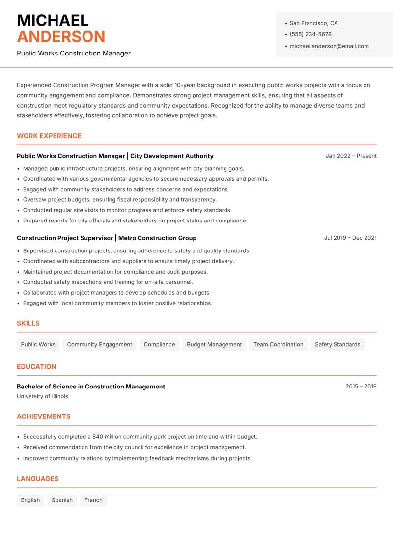 Construction Program Manager Resume Template