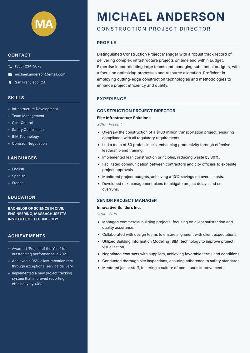 Construction Project Manager Resume Preview Example