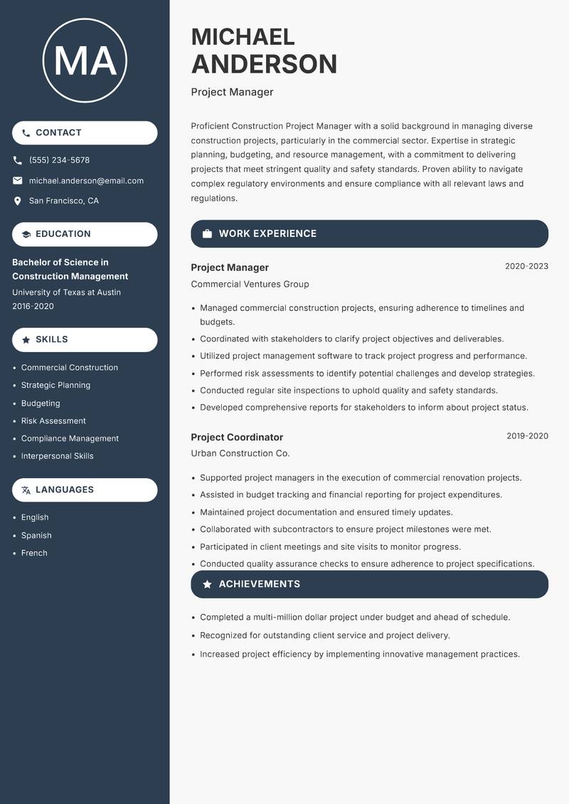 Construction Project Manager Resume Preview Example