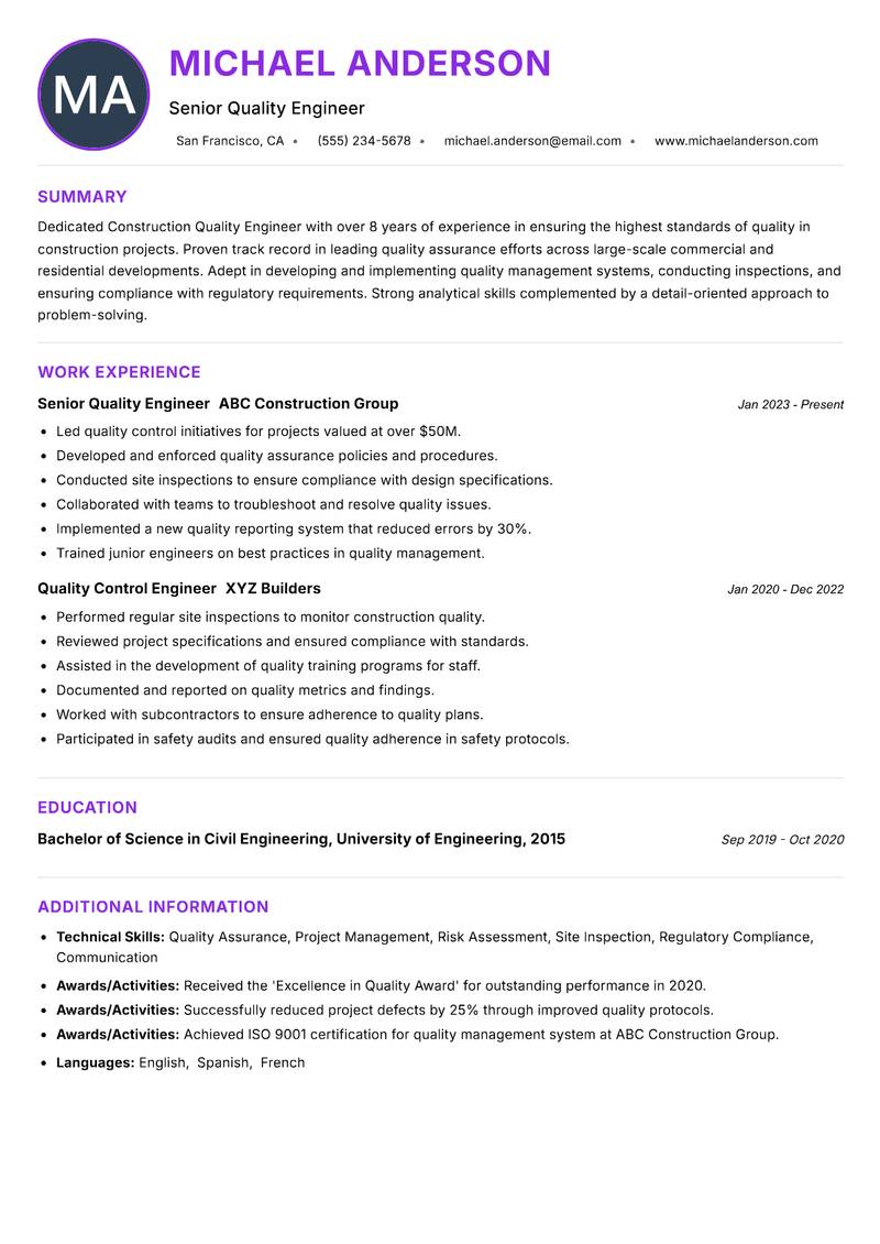 Construction Quality Engineer Resume Preview Example