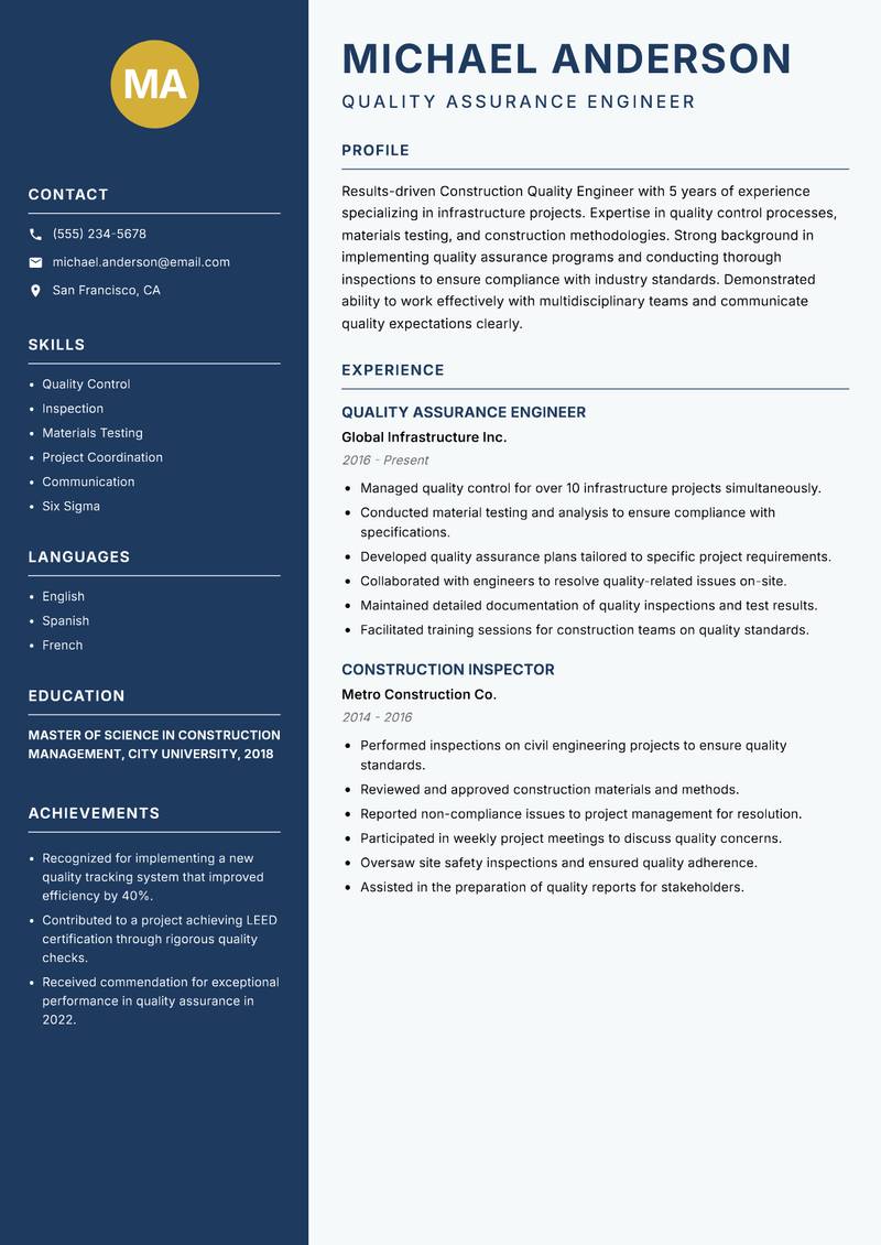 Construction Quality Engineer Resume Preview Example