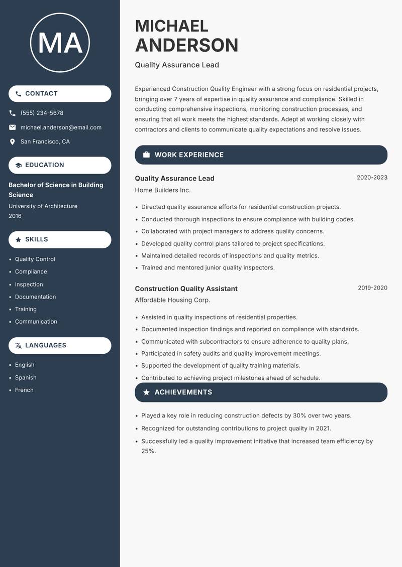 Construction Quality Engineer Resume Preview Example