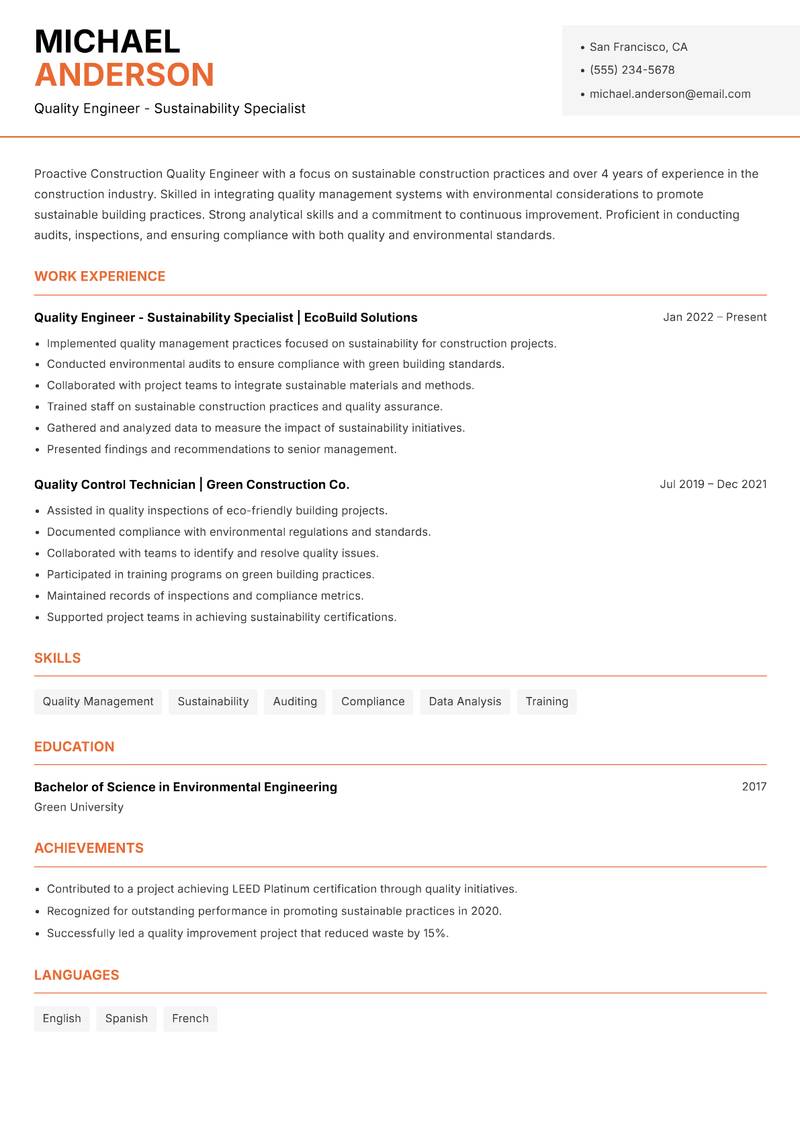 Construction Quality Engineer Resume Template