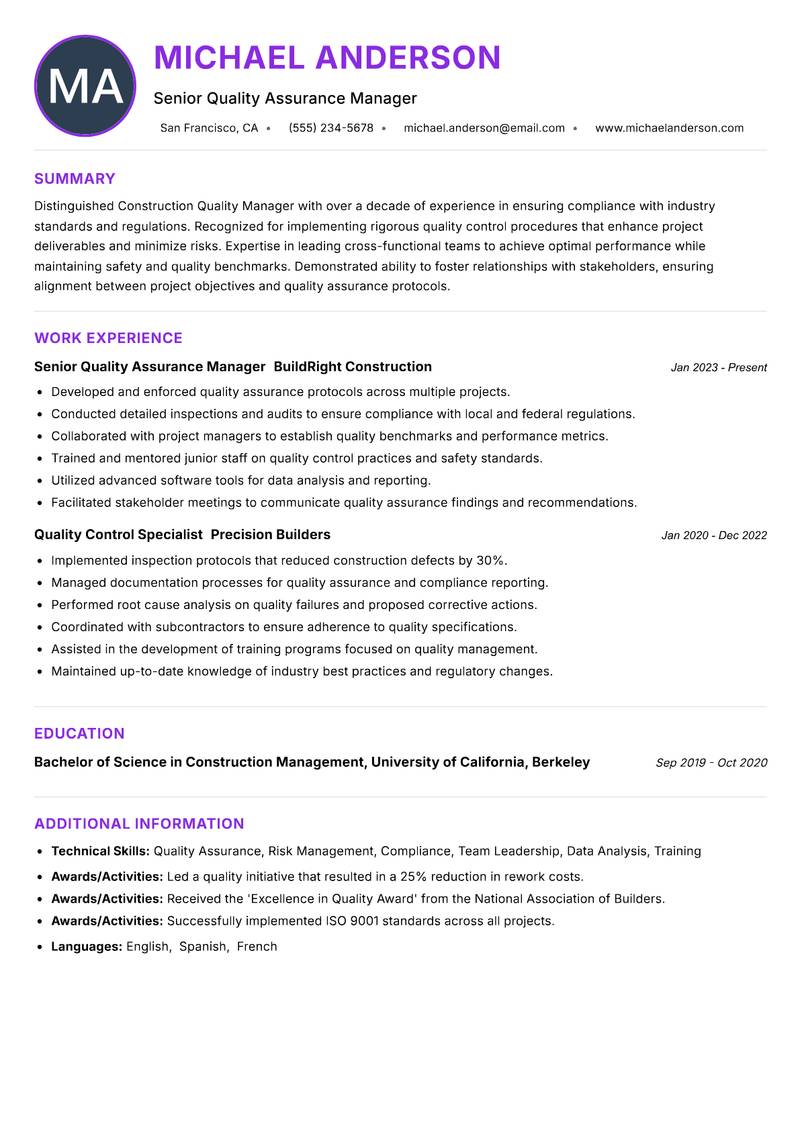 Construction Quality Manager Resume Preview Example