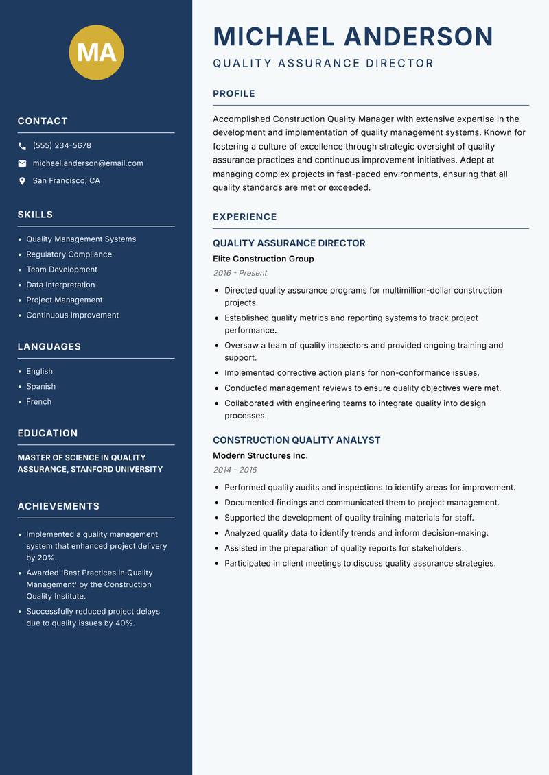 Construction Quality Manager Resume Preview Example