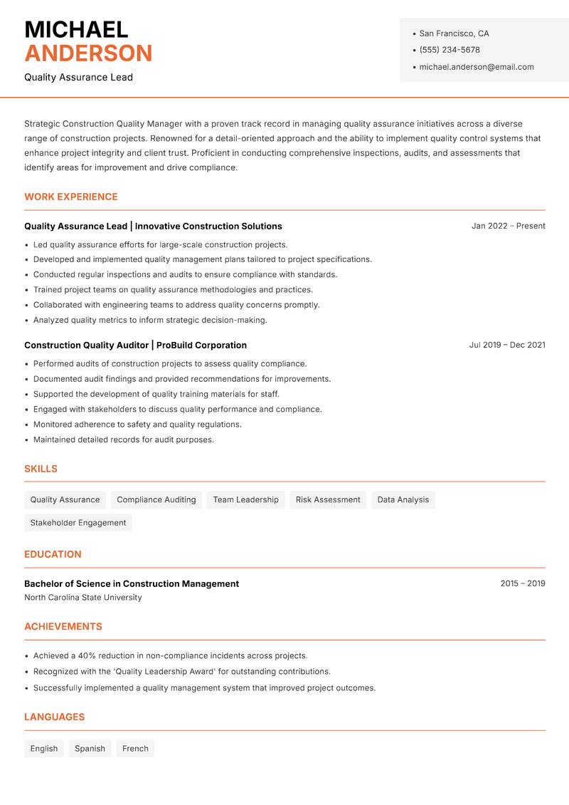 Construction Quality Manager Resume Template