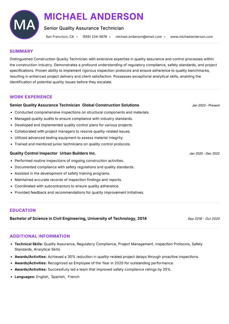 Construction Quality Technician Resume Preview Example