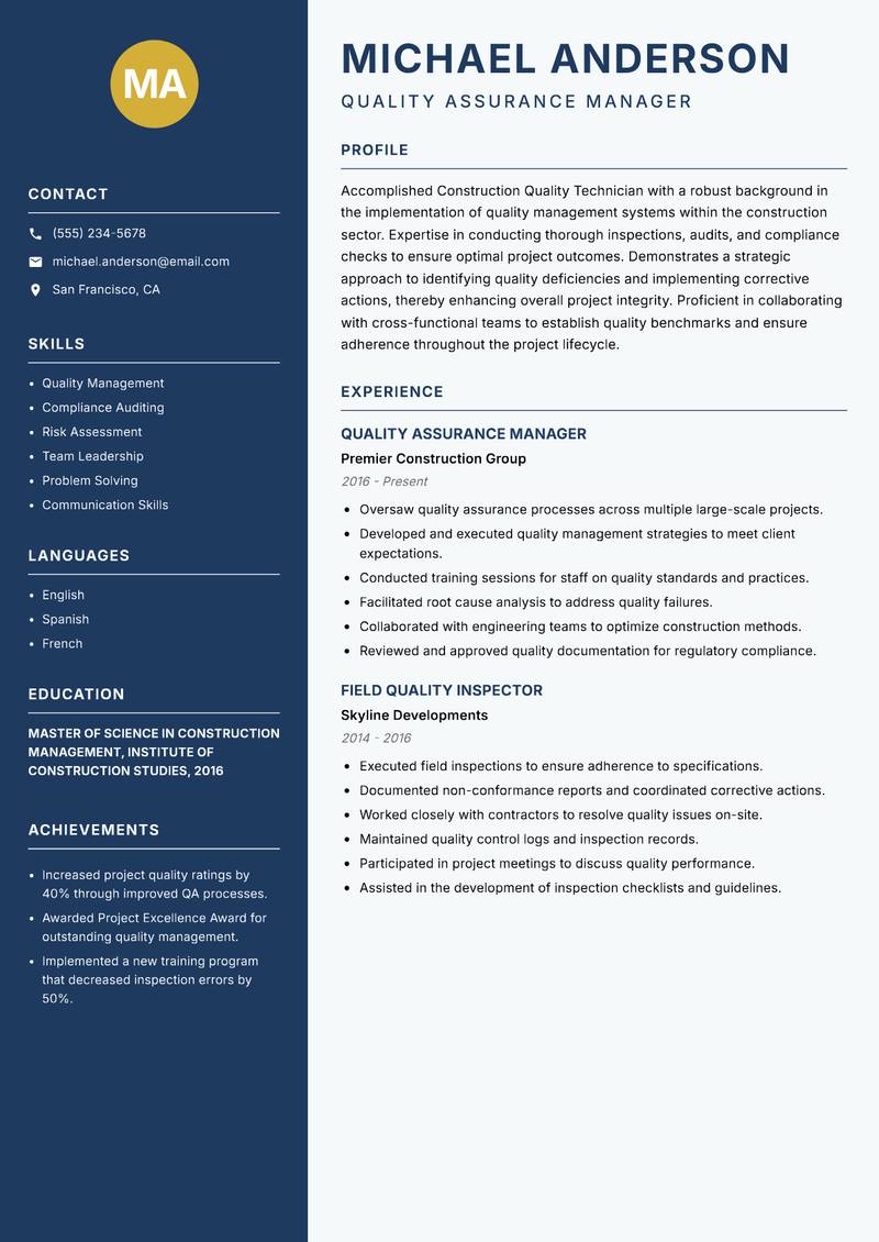 Construction Quality Technician Resume Preview Example