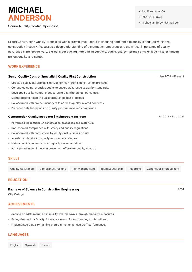 Construction Quality Technician Resume Template