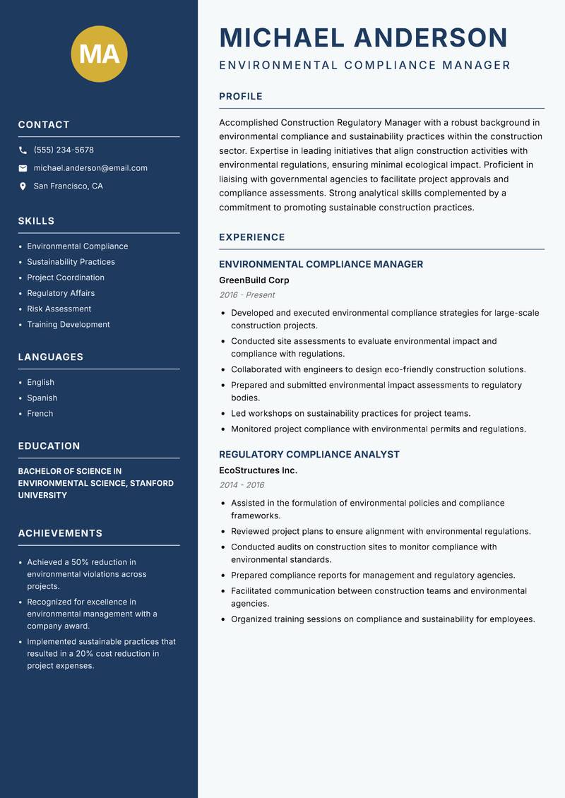 Construction Regulatory Manager Resume Preview Example