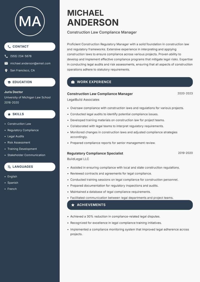 Construction Regulatory Manager Resume Preview Example