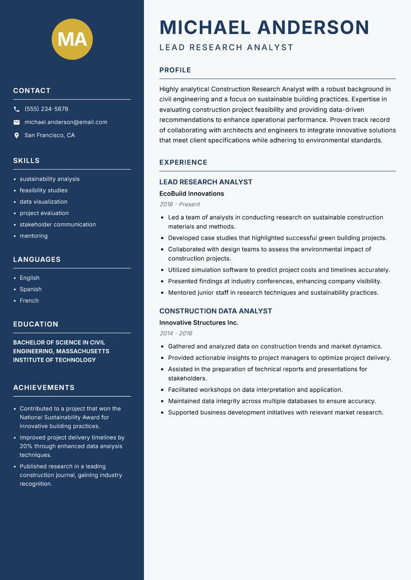 Construction Research Analyst Resume Preview Example