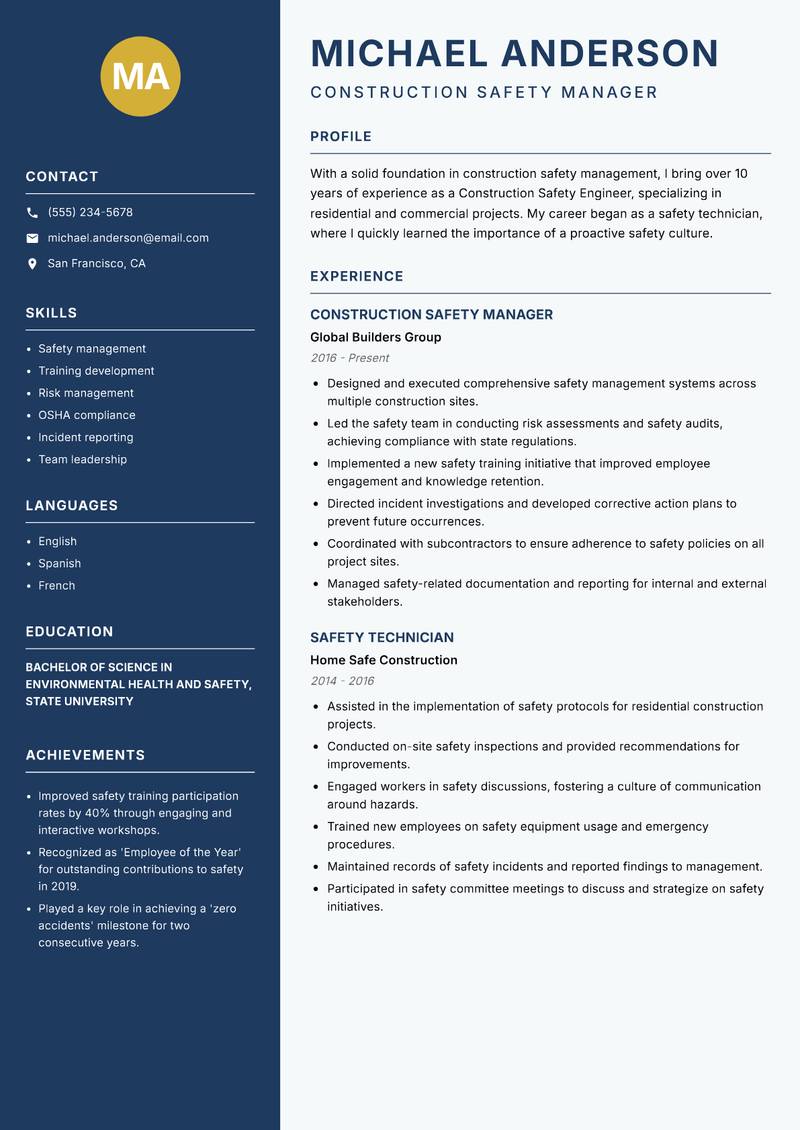 Construction Safety Engineer Resume Preview Example