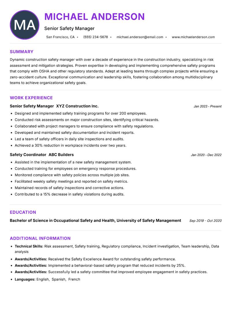 Construction Safety Manager Resume Preview Example