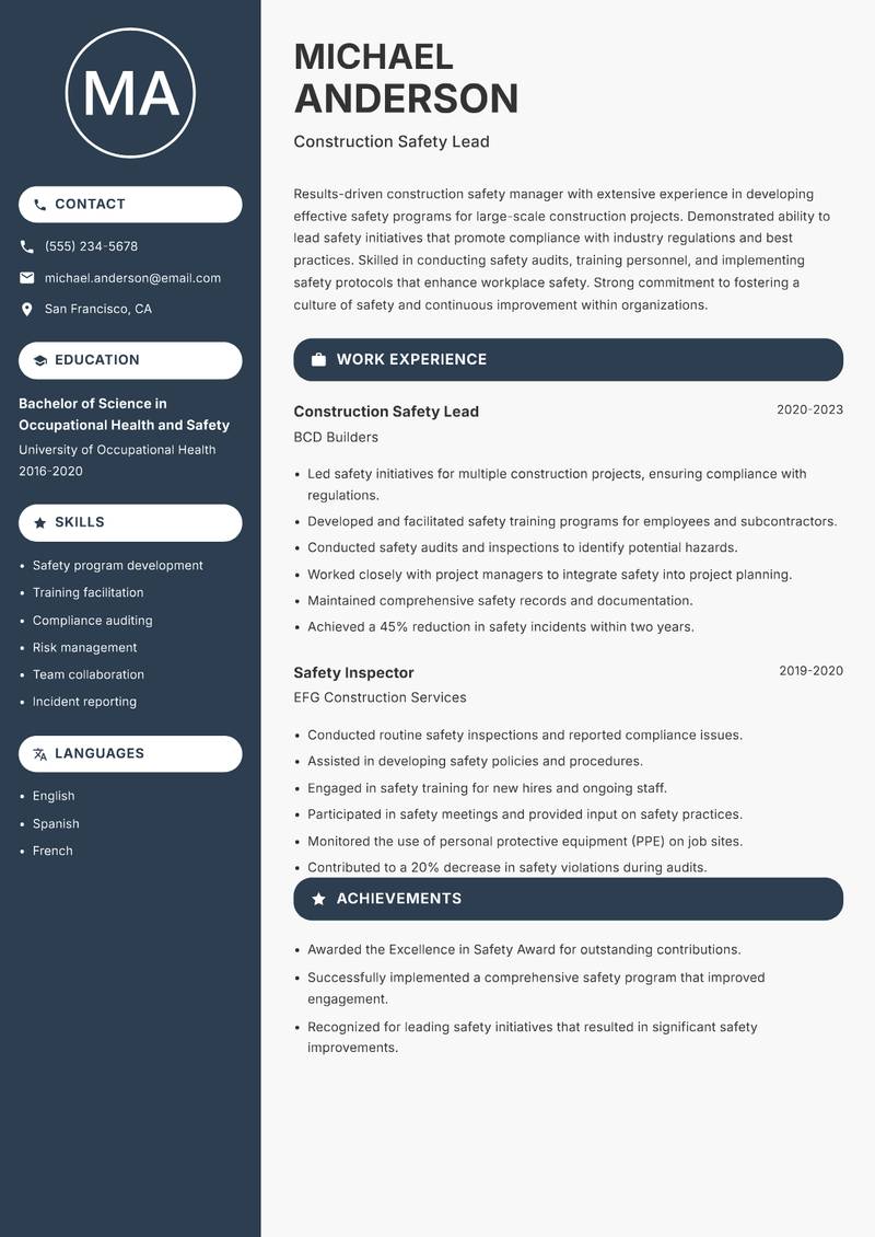 Construction Safety Manager Resume Preview Example