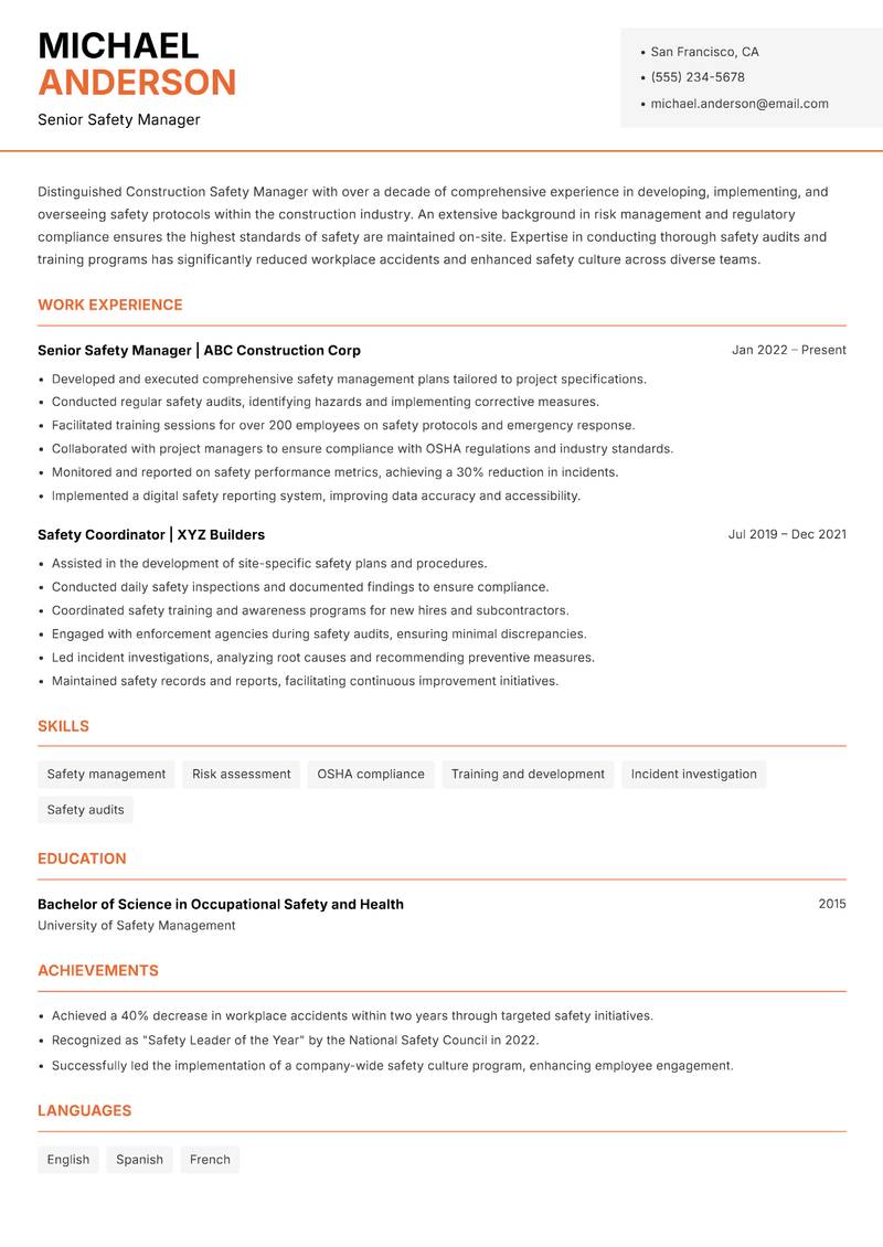 Construction Safety Manager Resume Template