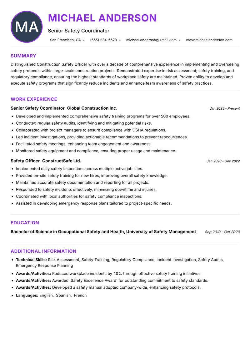 Construction Safety Officer Resume Preview Example