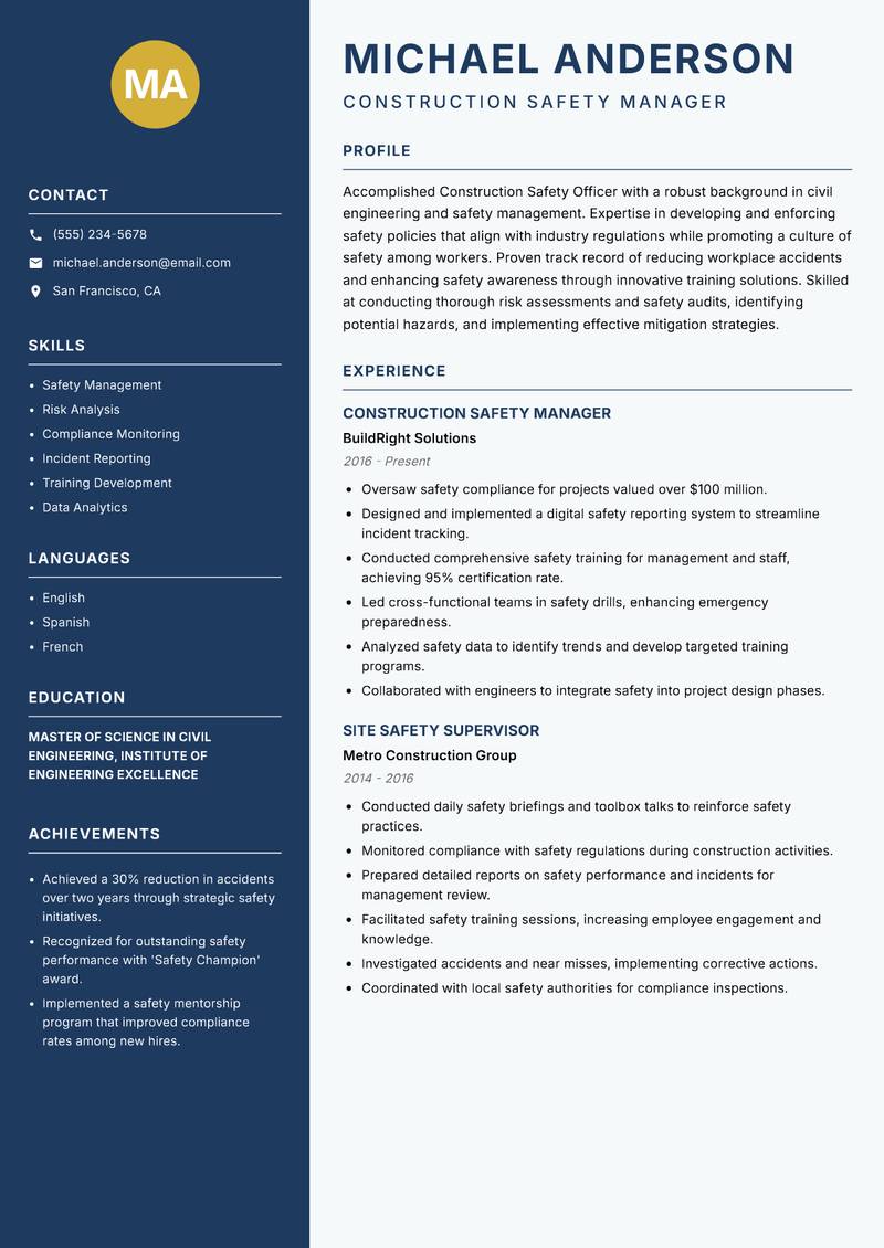 Construction Safety Officer Resume Preview Example