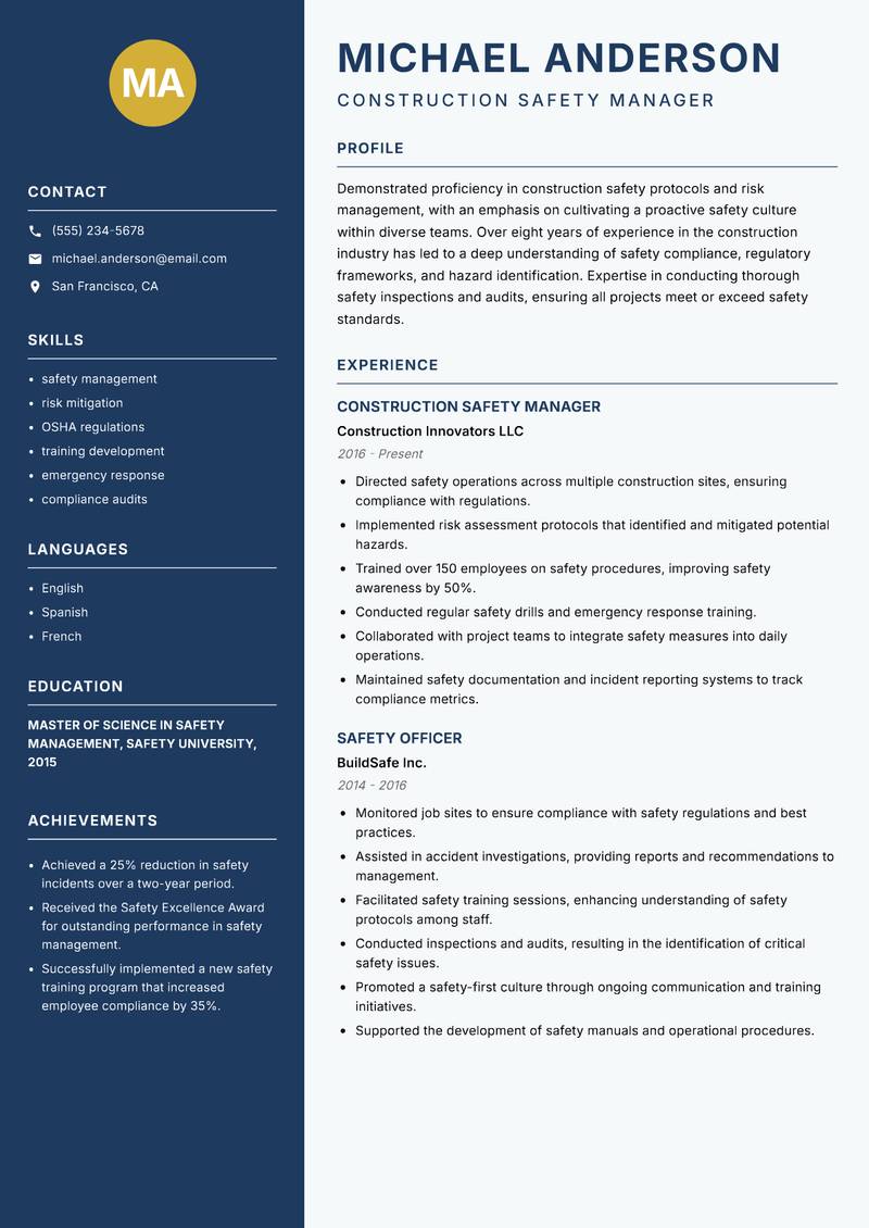 Construction Safety Technician Resume Preview Example