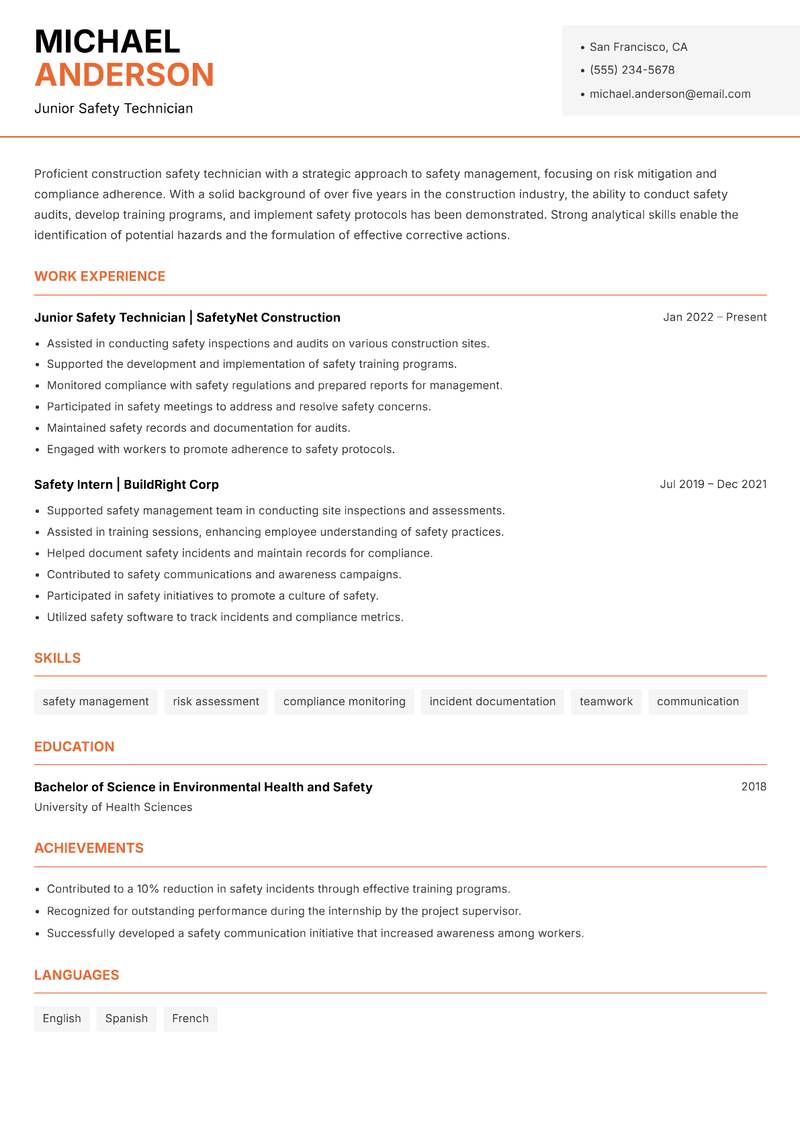 Construction Safety Technician Resume Template