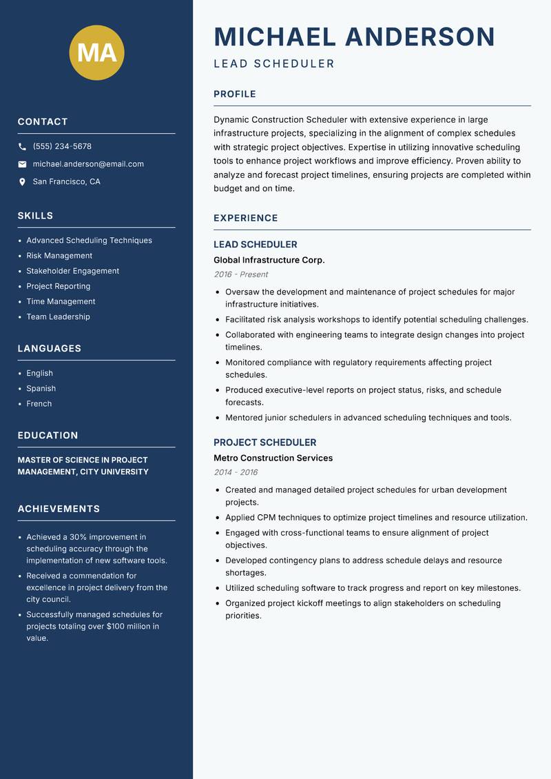 Construction Scheduler Resume Preview Example