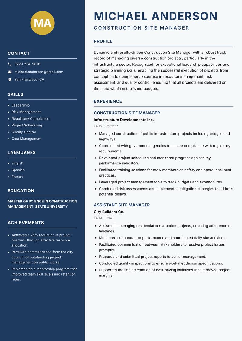 Construction Site Manager Resume Preview Example