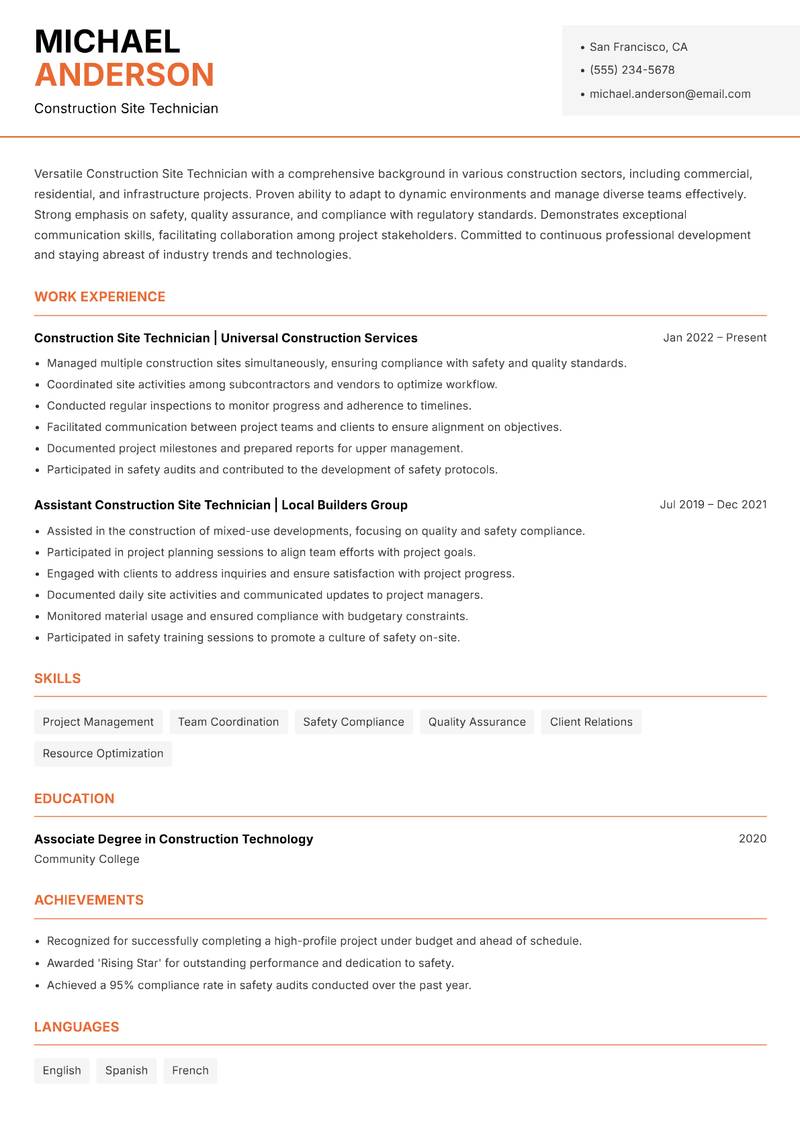 Construction Site Technician Resume Template