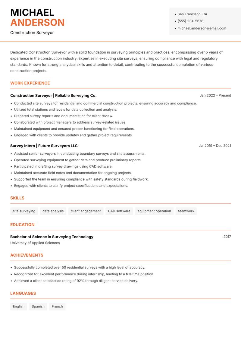 Construction Surveyor Resume Template