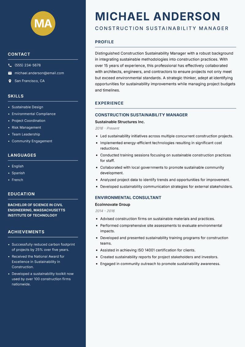 Construction Sustainability Manager Resume Preview Example