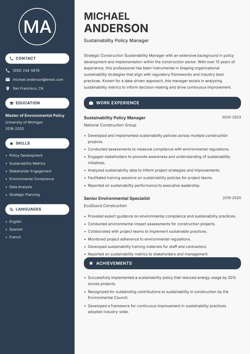Construction Sustainability Manager Resume Preview Example