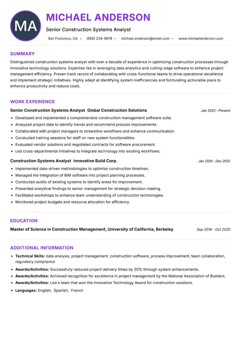 Construction Systems Analyst Resume Preview Example