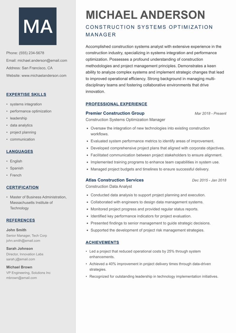Construction Systems Analyst Resume Preview Example