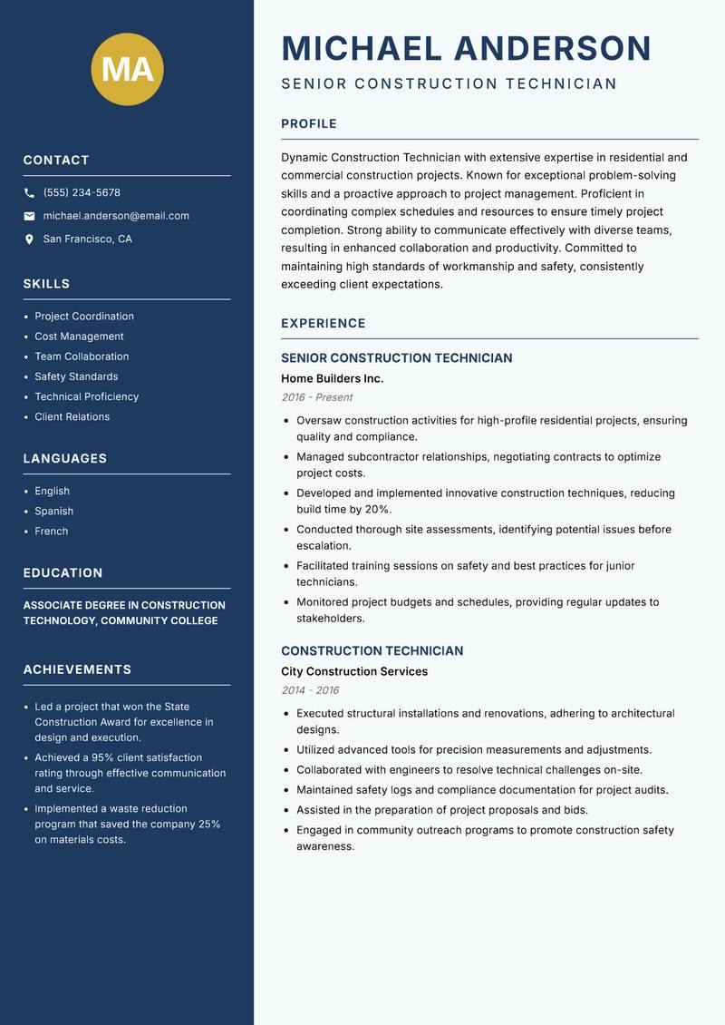Construction Technician Resume Preview Example