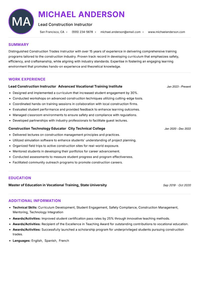 Construction Trades Instructor Resume Preview Example