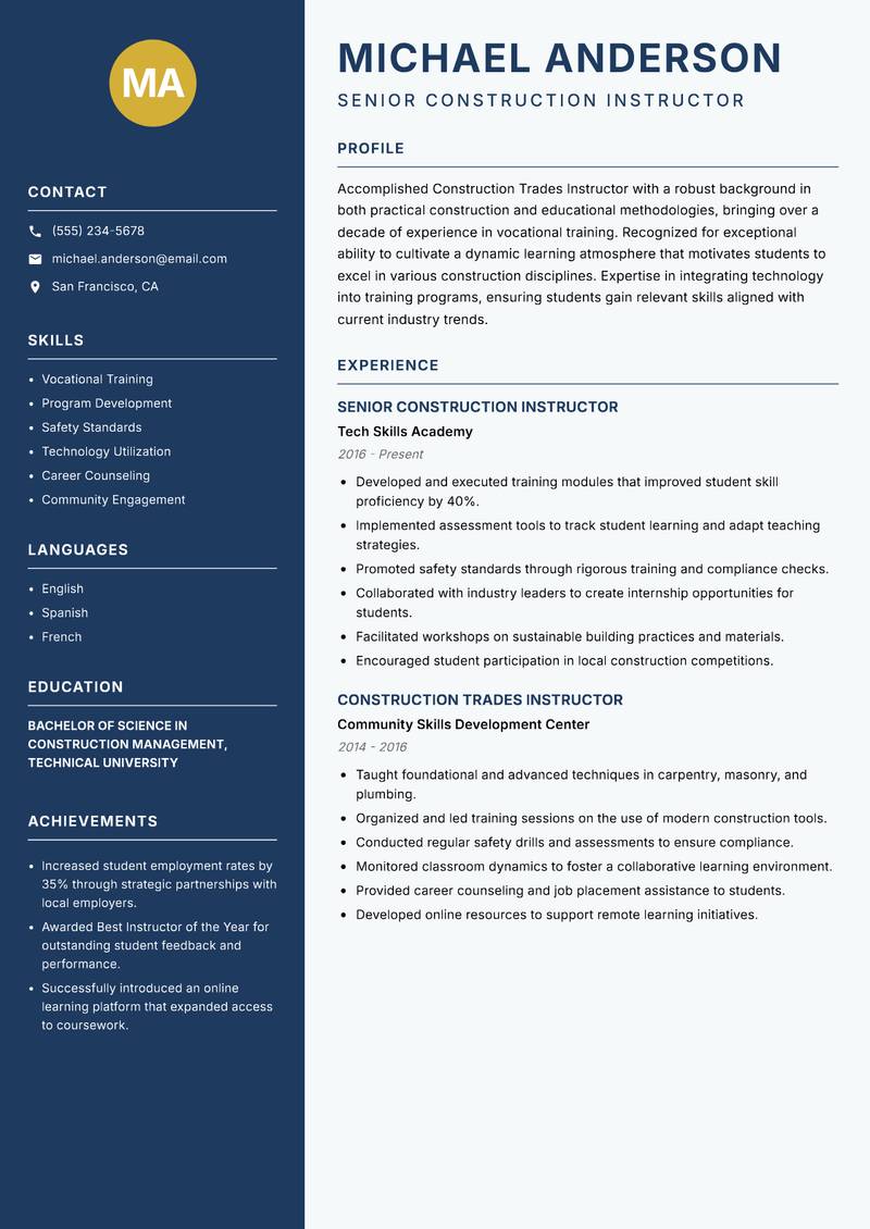 Construction Trades Instructor Resume Preview Example