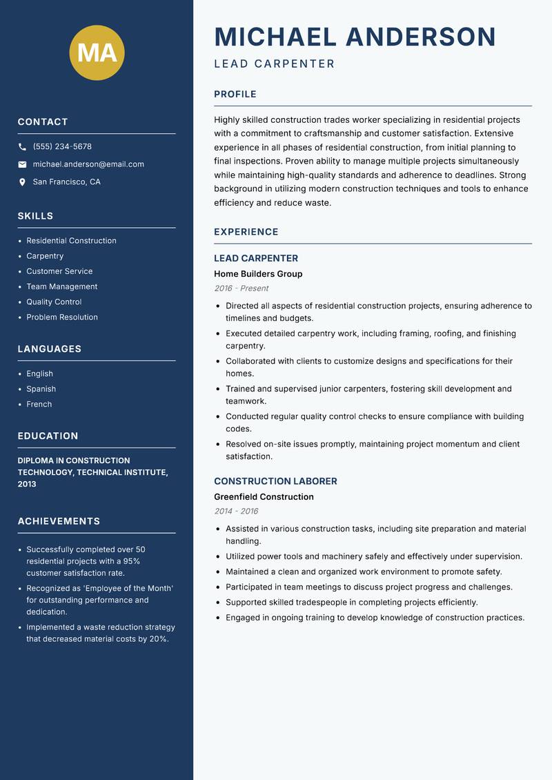 Construction Trades Worker Resume Preview Example