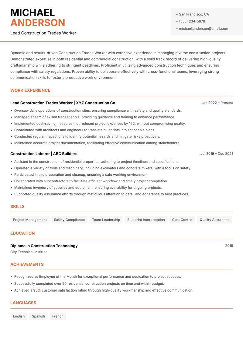 Construction Trades Worker Resume Template