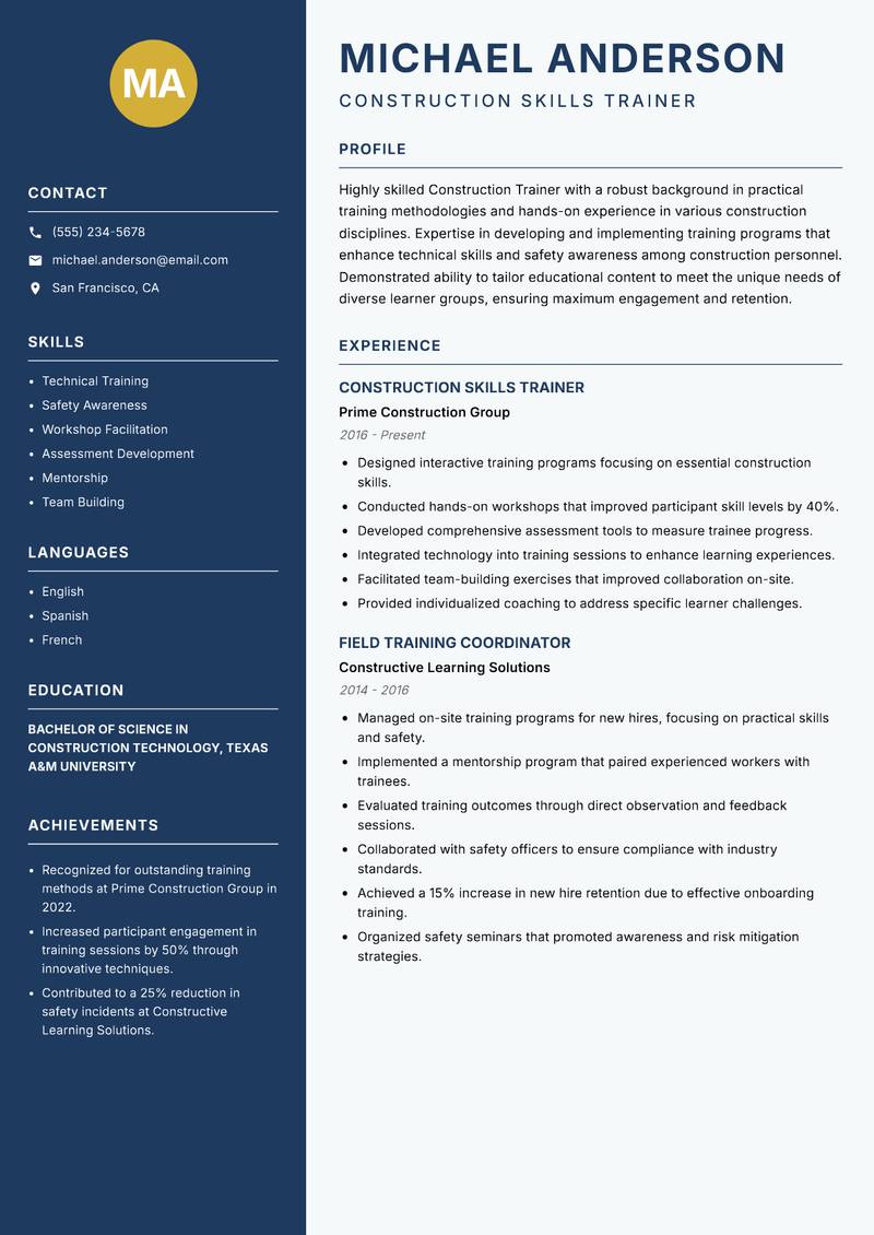 Construction Trainer Resume Preview Example