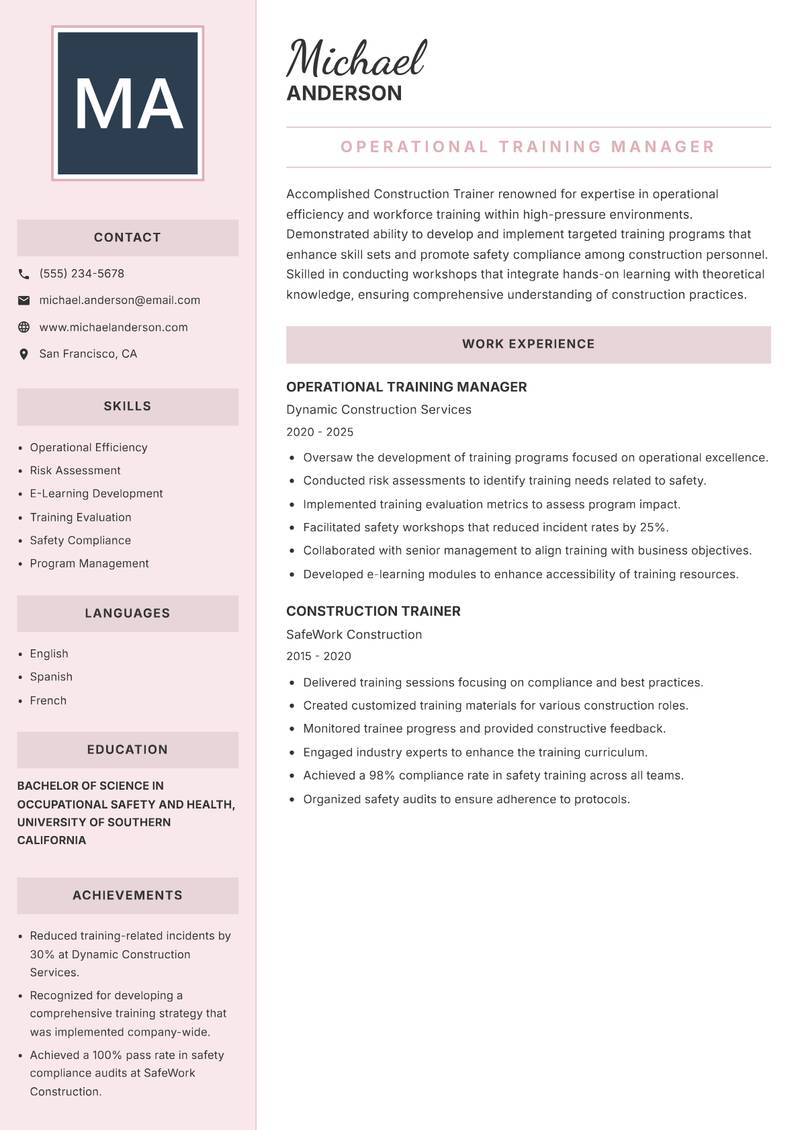 Construction Trainer Resume Preview Example