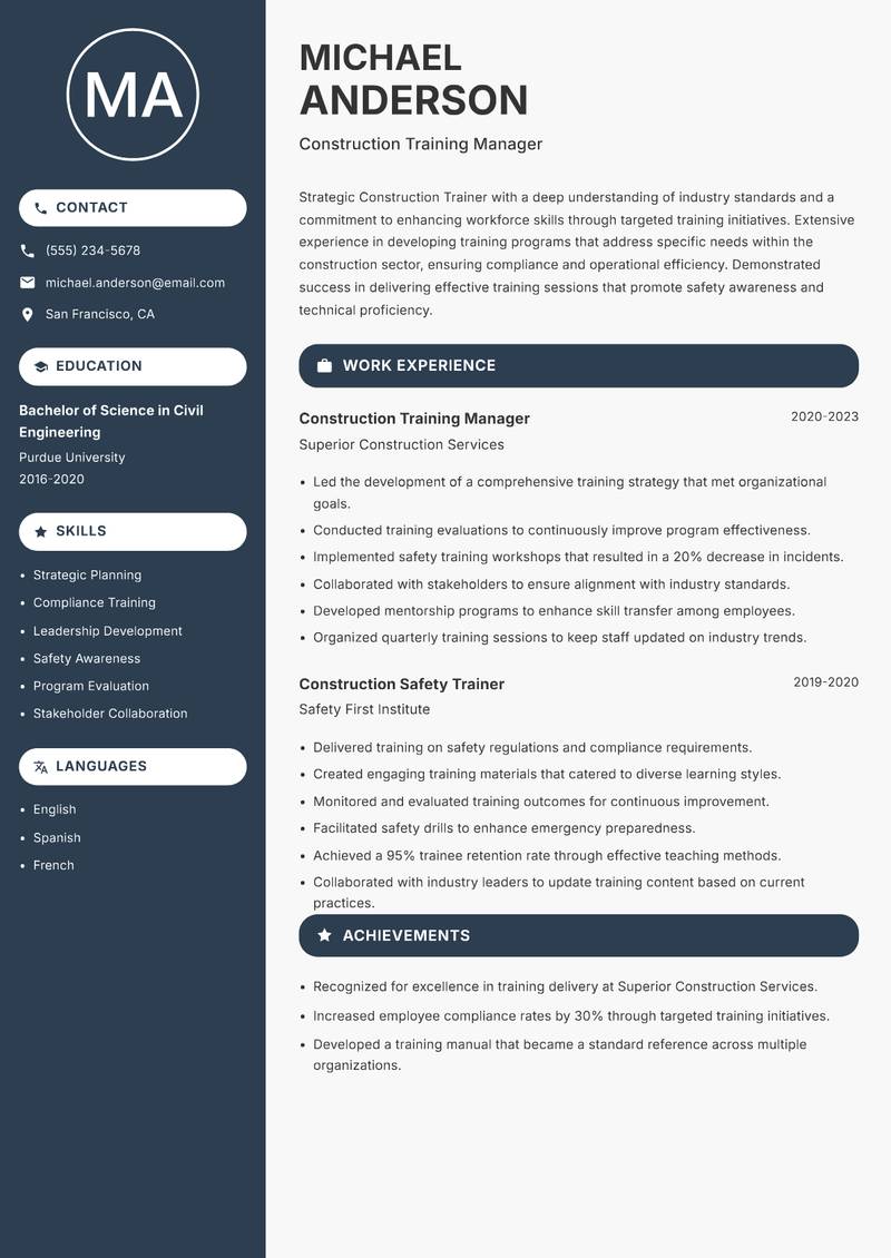 Construction Trainer Resume Preview Example