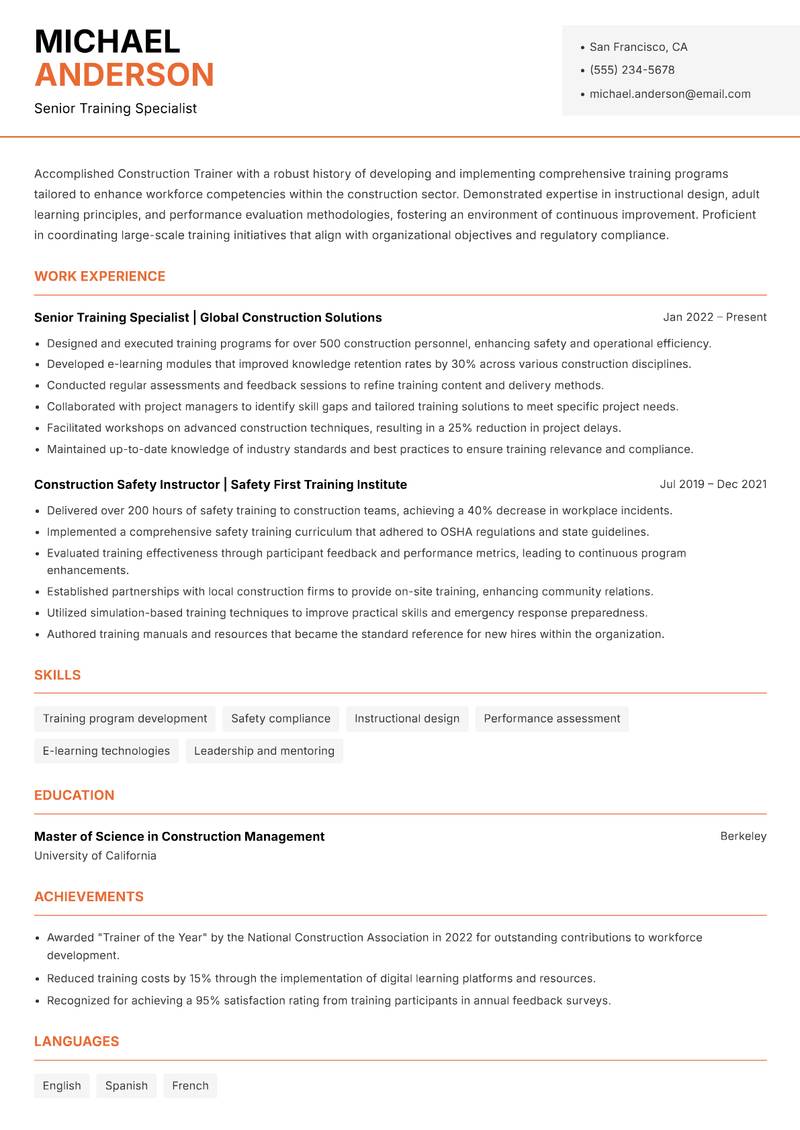 Construction Trainer Resume Template