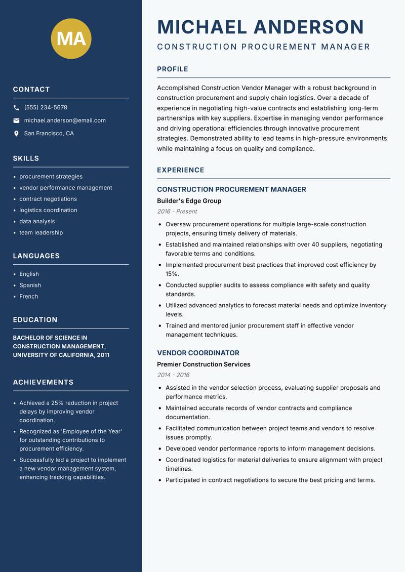 Construction Vendor Manager Resume Preview Example