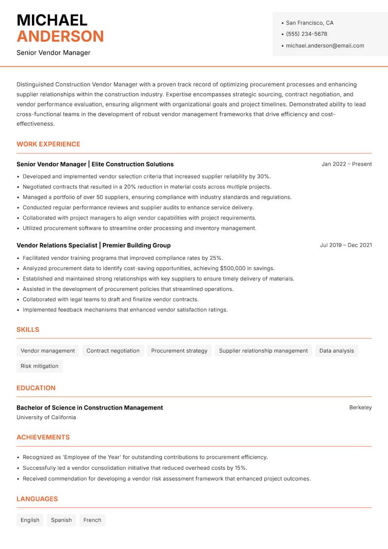 Construction Vendor Manager Resume Template