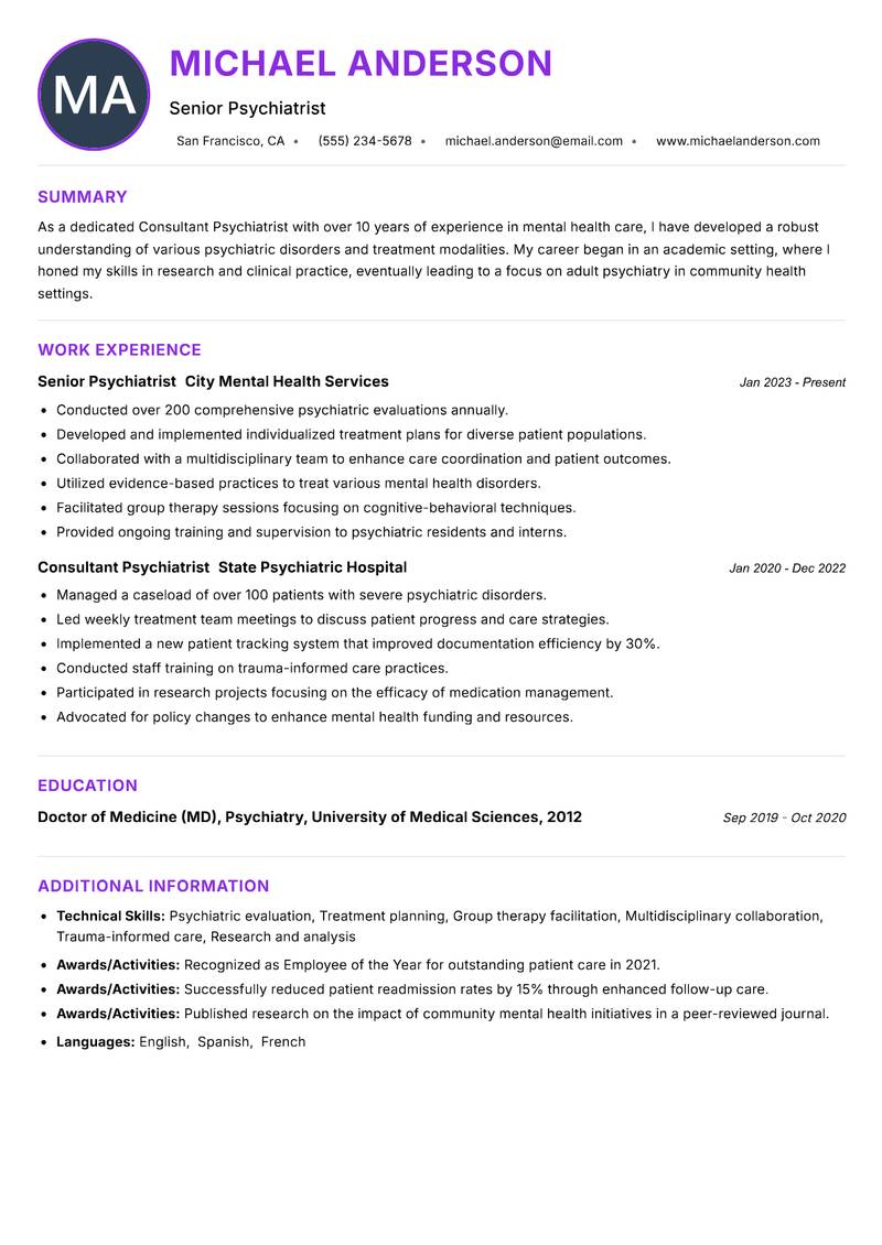 Consultant Psychiatrist Resume Preview Example