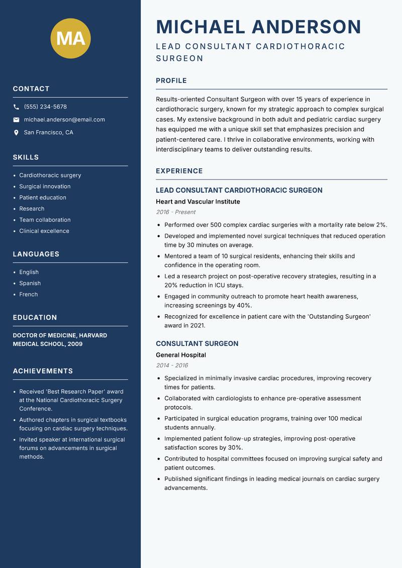 Consultant Surgeon Resume Preview Example